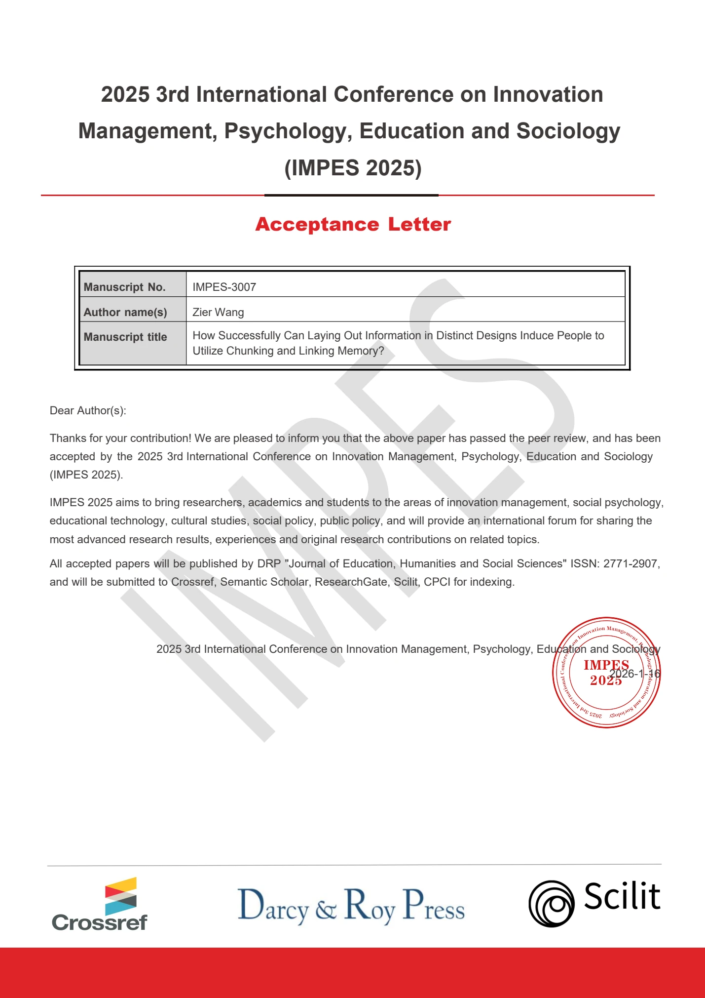 Original certificate / IMPES acceptance letter